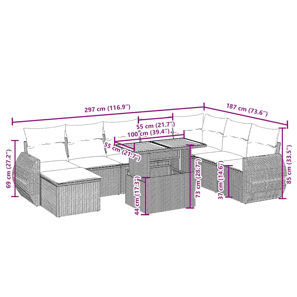 9-tlg. Garten-Sofagarnitur mit Kissen Beige Poly Rattan